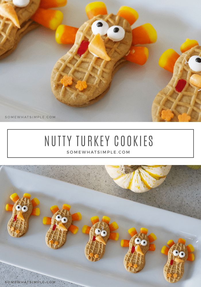 These cute Nutter Butter turkey cookies are the perfect Thanksgiving treats that your kids can help you make!  They're easy to make and taste delicious! Just grab your Nutter Butter cookies, candy corns and a couple other simple ingredients and start decorating! via @somewhatsimple