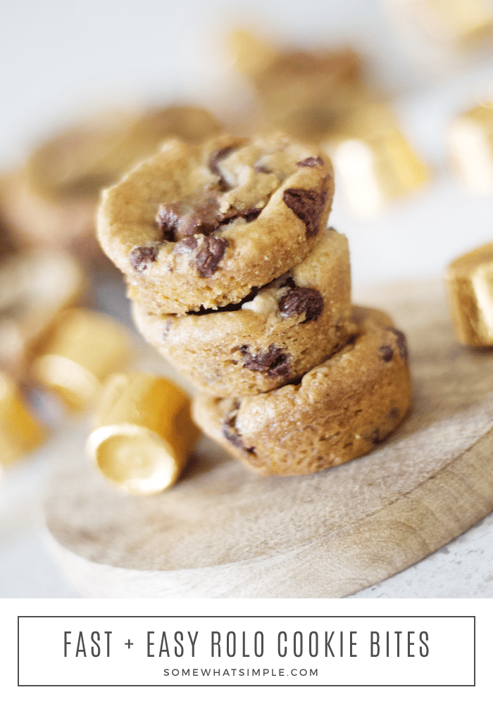 Rolo cookie bites are quite possibly the EASIEST treats you'll ever make!! They are made with only two ingredients and take about 15 minutes of your time from start to finish! #rolocookiebites #rolocookies #rolocookiebitesrecipe #howtomakerolocookies via @somewhatsimple