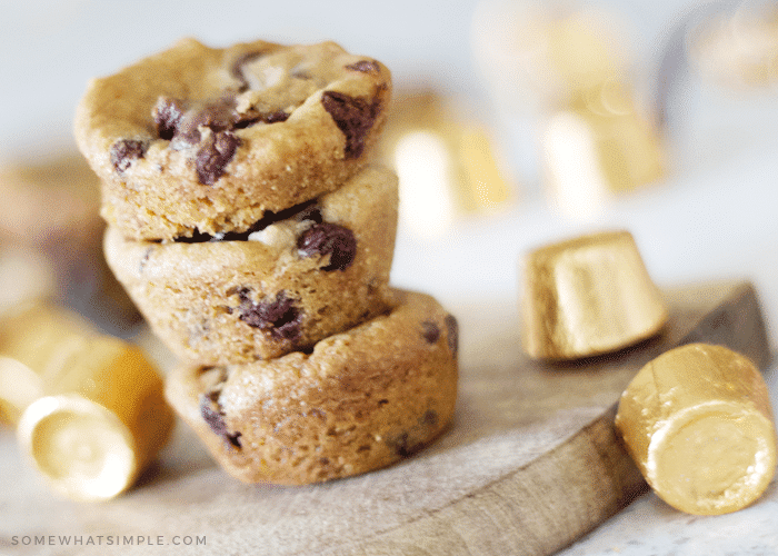 rolo cookies stacked up on the counter with rolo candies