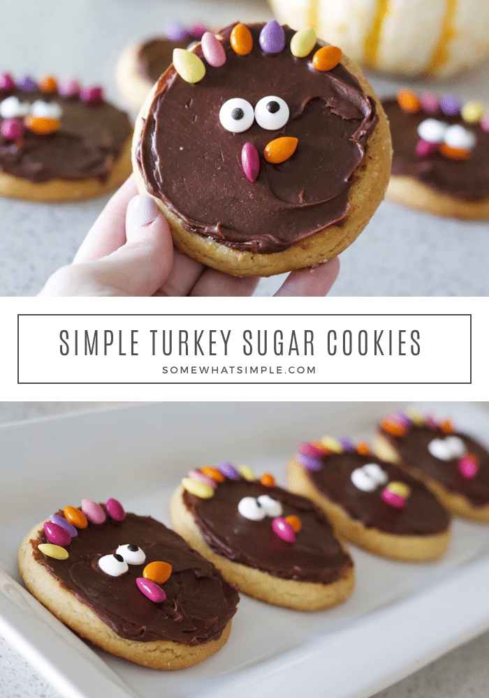 Turkey sugar cookies are a simple treat your little Thanksgiving guests are sure to enjoy!  This easy cookie idea is a fun way to celebrate the holiday. You start with your favorite sugar cookie (store bought or made from scratch) and then decorate them to look like an adorable turkey. It's the most festive Thanksgiving cookie recipe you'll ever make! via @somewhatsimple