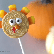 an Oreo cookie decorated to look like a turkey