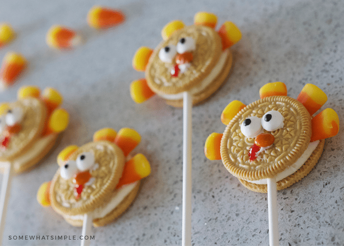 several Oreo turkey pops laying on a counter