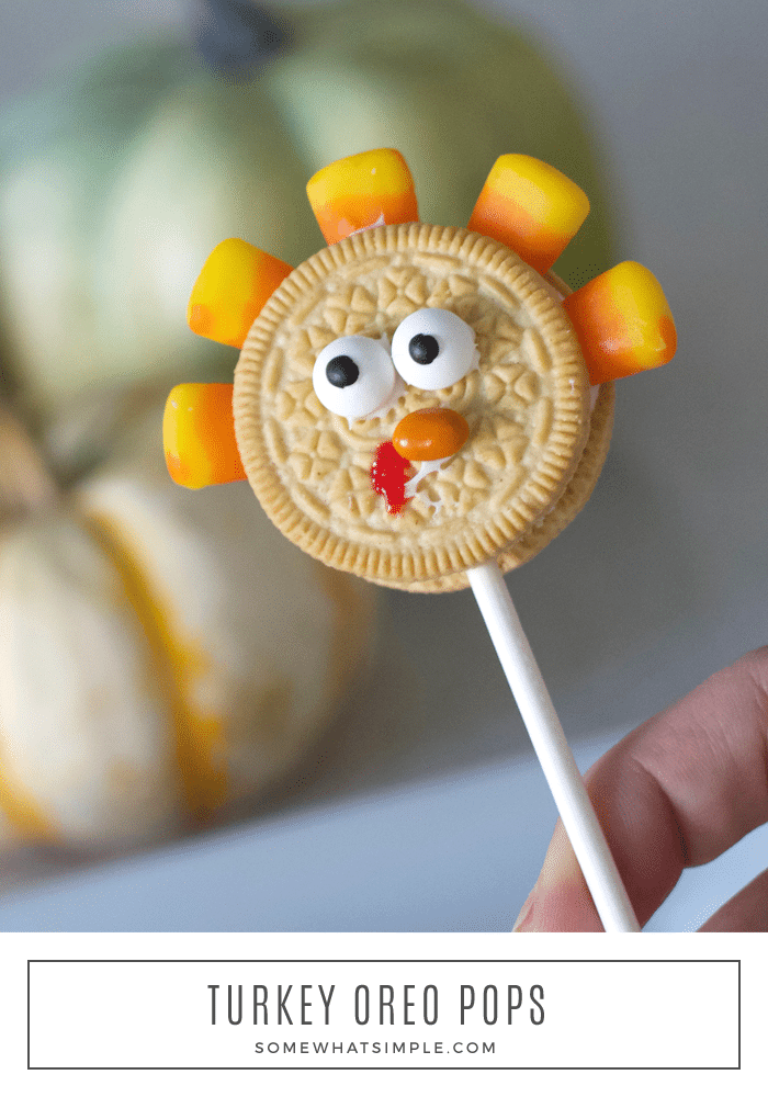 These Oreo cookie pops are the cutest Thanksgiving treat ever!  They're made using just a few easy ingredients they can be assembled in minutes.  Grab a golden Oreo cookie and some candy corns and let's get started. This fun cookie idea is perfect for everyone! via @somewhatsimple