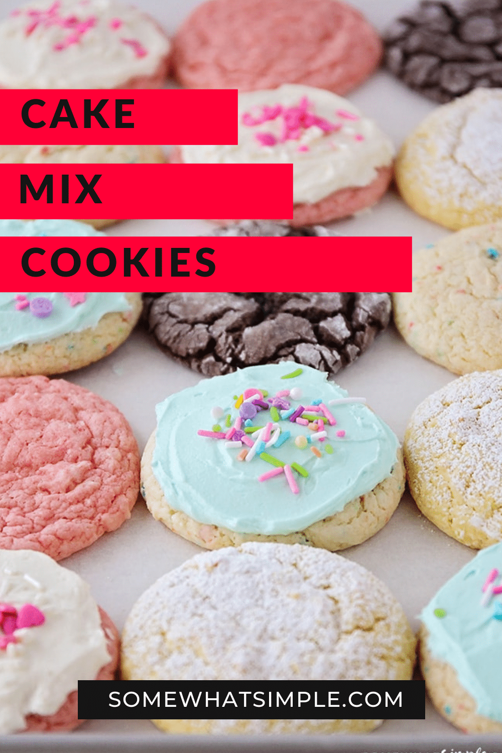 Cake mix cookies are soft and chewy and super delicious! Plus, they only require 3 ingredients making them essentially a no-fuss fantastic treat. This cookie recipe is so easy, it'll look and taste like you've been in the kitchen all day but they will only take you minutes to make. With 10 different flavors to choose from, you're going to find one you love! via @somewhatsimple