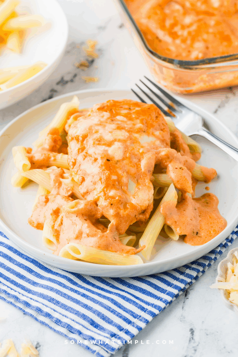 long image of Cheesy Chicken Tomato Pasta - plated