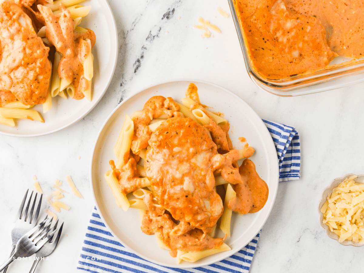 overhead shot of Cheesy Chicken Tomato Pasta