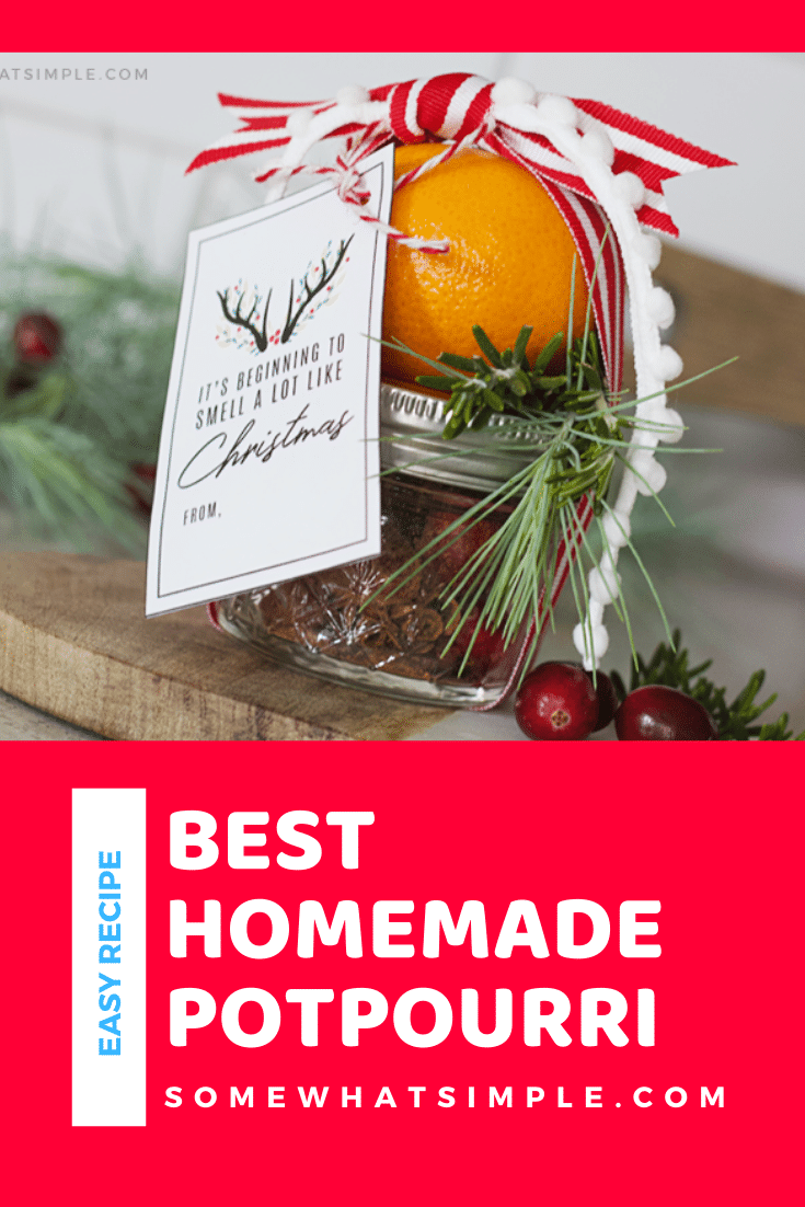 This Christmas stove top potpourri is the best homemade recipe you'll ever make. It's simple to make and your house will smell amazing all day long! Made with the delicious combination of citrus, cinnamon and other delicious scents. This also makes the perfect gift this holiday season! via @somewhatsimple