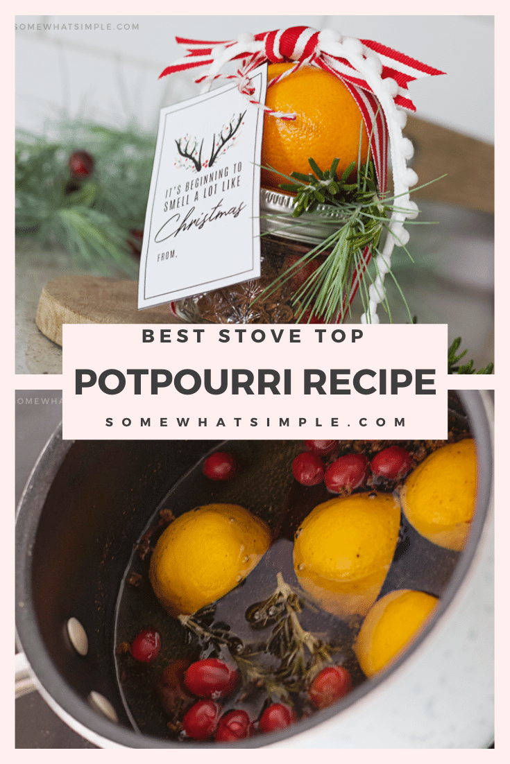 This Christmas stove top potpourri is the best homemade recipe you'll ever make. It's simple to make and your house will smell amazing all day long! Made with the delicious combination of citrus, cinnamon and other delicious scents. This also makes the perfect gift this holiday season! via @somewhatsimple