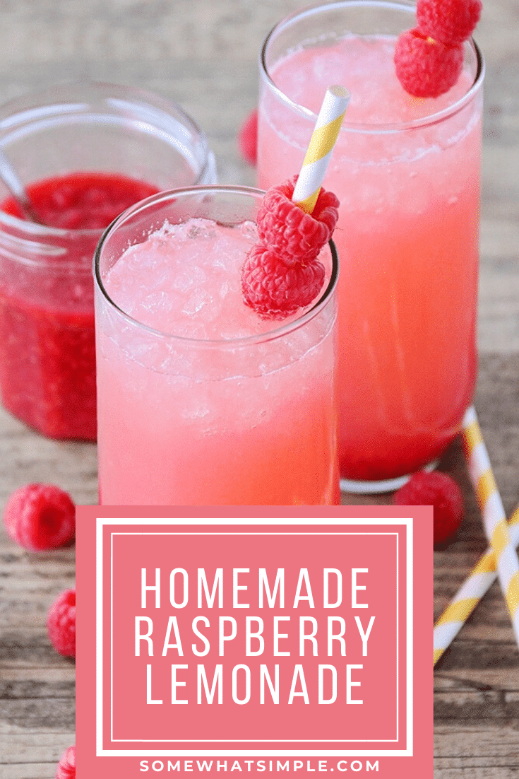 This sweet raspberry lemonade is made from scratch and so refreshing! The delicious fresh raspberries make it the perfect summer treat! via @somewhatsimple