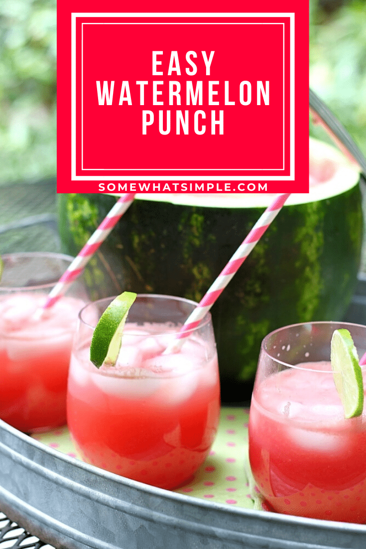 This easy watermelon punch recipe is a refreshing way to enjoy the summer. Make this drink even more fun to serve by turning the watermelon you used to make the drink into a fun serving bowl! #drinks #drinkrecipes #watermelonpunch #watermelonbowl #bbq #watermelon via @somewhatsimple