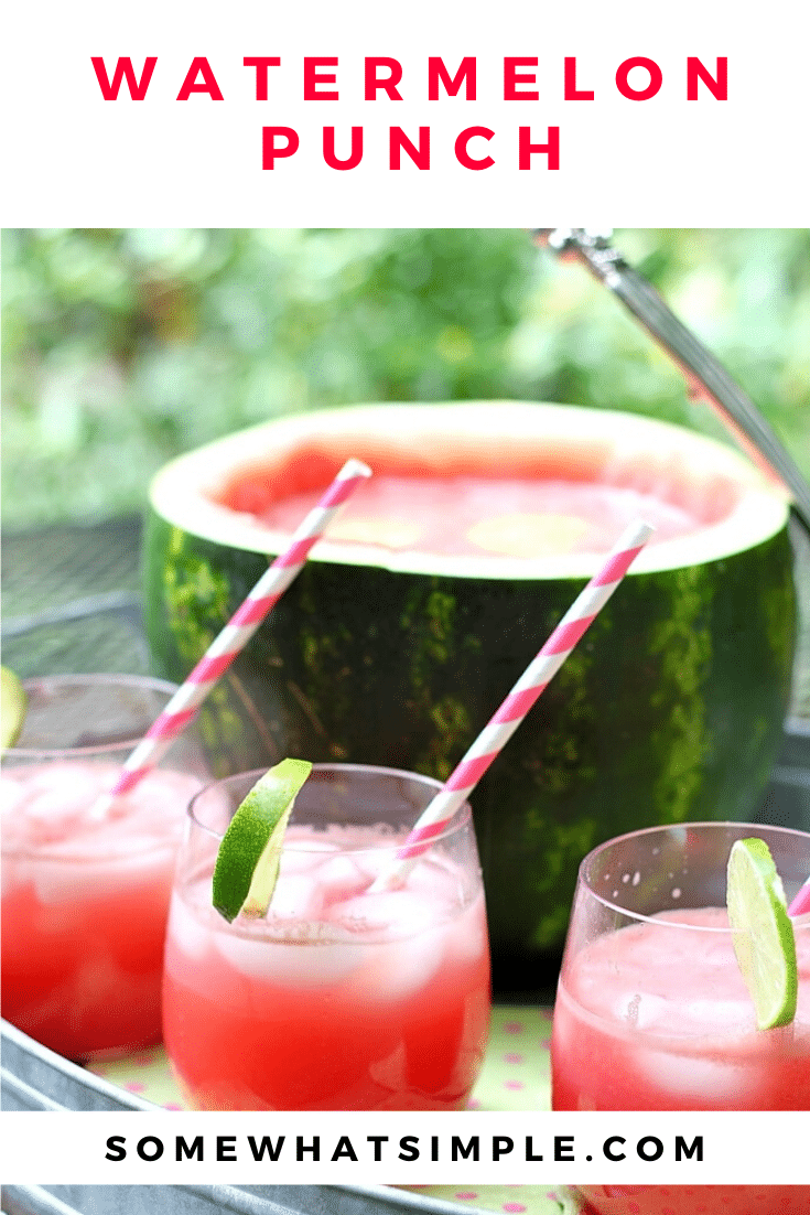 This EASY watermelon punch is perfect for hot summer days. Make this refreshing drink even more delicious by serving it inside the watermelon you used to make it! via @somewhatsimple