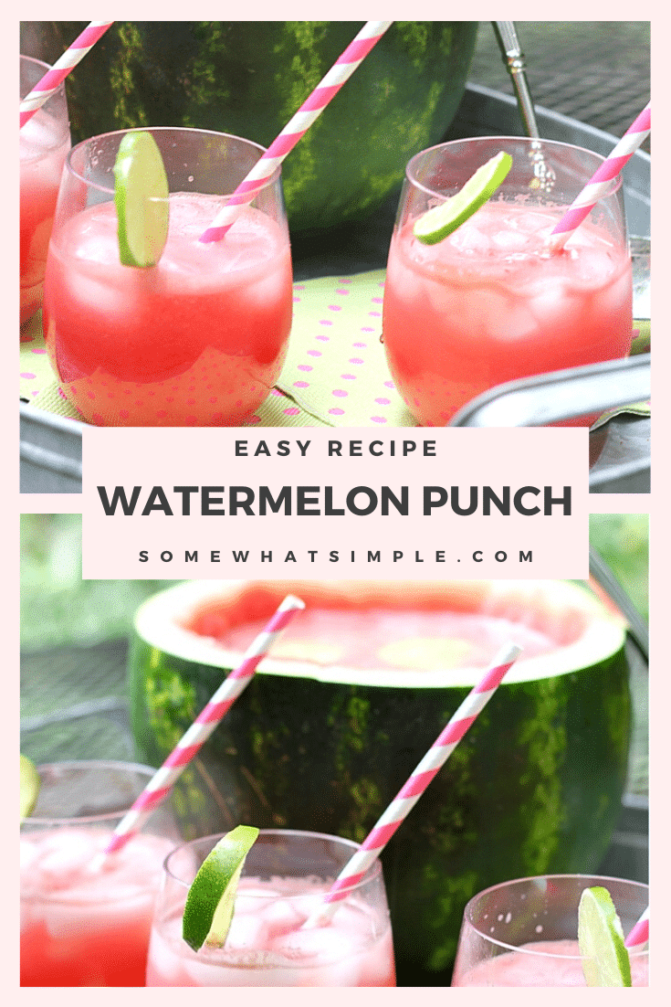 This easy watermelon punch recipe is a refreshing way to enjoy the summer.  Make this drink even more fun to serve by turning the watermelon you used to make the drink into a fun serving bowl! #drinks #drinkrecipes #watermelonpunch #watermelonbowl #bbq #watermelon via @somewhatsimple