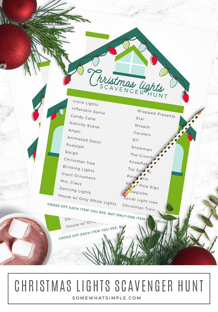 Planning a Christmas Lights Scavenger Hunt has never been easier! Grab our free printable and get ready for a night of festive fun! via @somewhatsimple