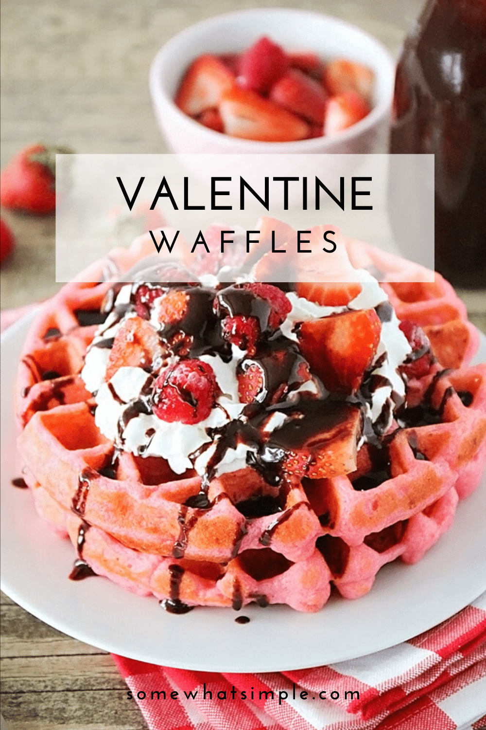 These pink velvet waffles are so fun for Valentine's Day, and so quick and easy to make! Who would love a delicious pink waffle to celebrate any romantic occasion. These waffles turn out soft and fluffy every time! via @somewhatsimple