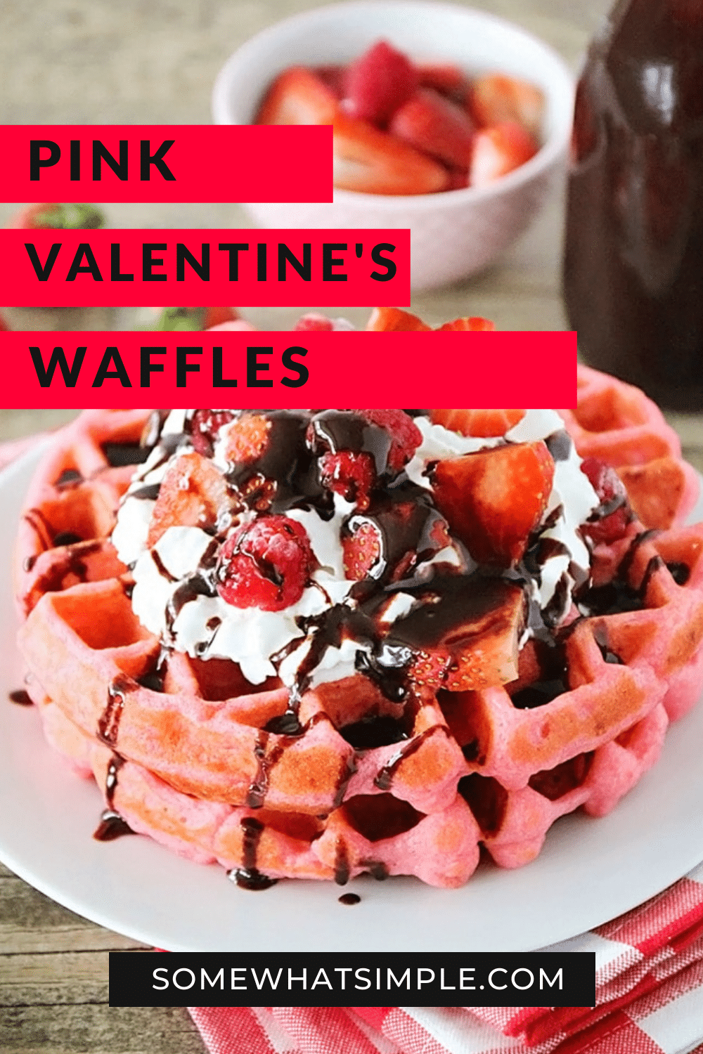 These pink velvet waffles are so fun for Valentine's Day, and so quick and easy to make! Who would love a delicious pink waffle to celebrate any romantic occasion. These waffles turn out soft and fluffy every time! via @somewhatsimple