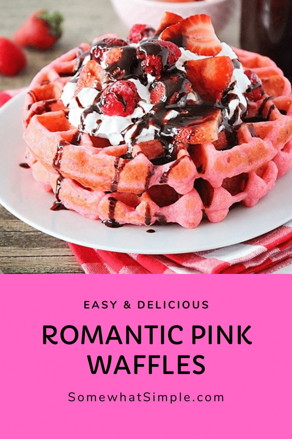 These pink velvet waffles are so fun for Valentine's Day, and so quick and easy to make! Who would love a delicious pink waffle to celebrate any romantic occasion. These waffles turn out soft and fluffy every time! via @somewhatsimple