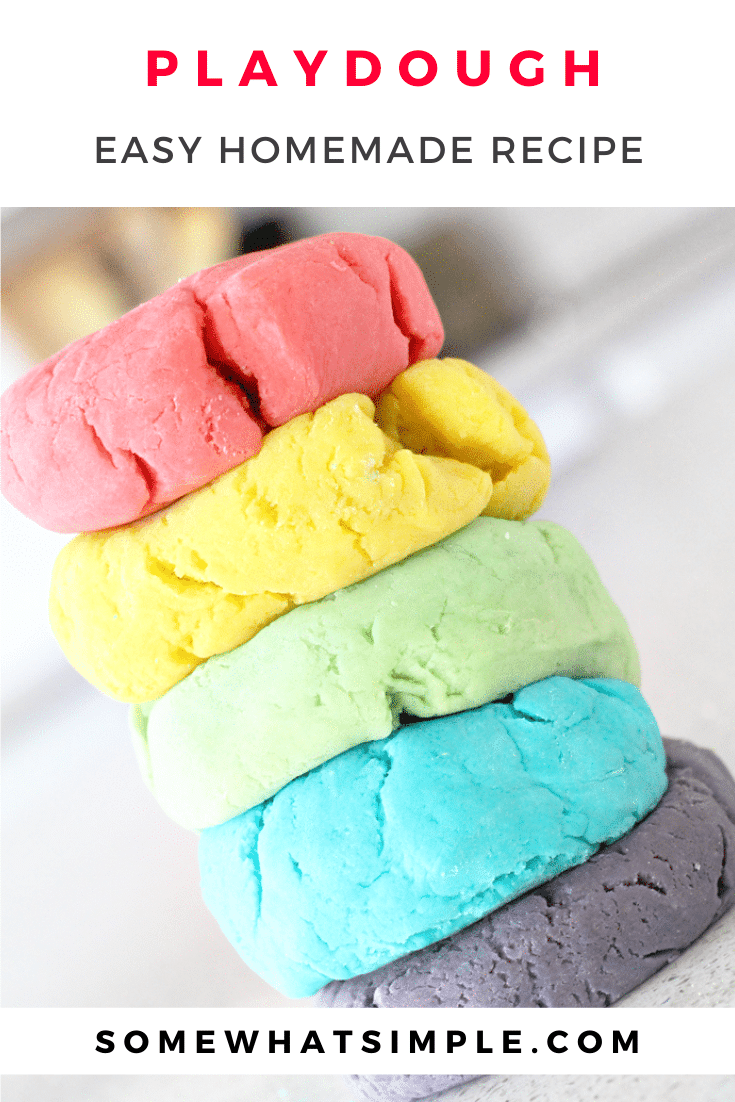 This is hands-down the best homemade playdough recipe I've ever made!!!  This easy play-doh recipe turns out super soft and is simple to mold and will provide hours of fun! You're kids are going to love this! #homemadeplaydough #easyplaydoughrecipe #howtomakeplaydough #playdoh #diyplaydoughrecipe via @somewhatsimple