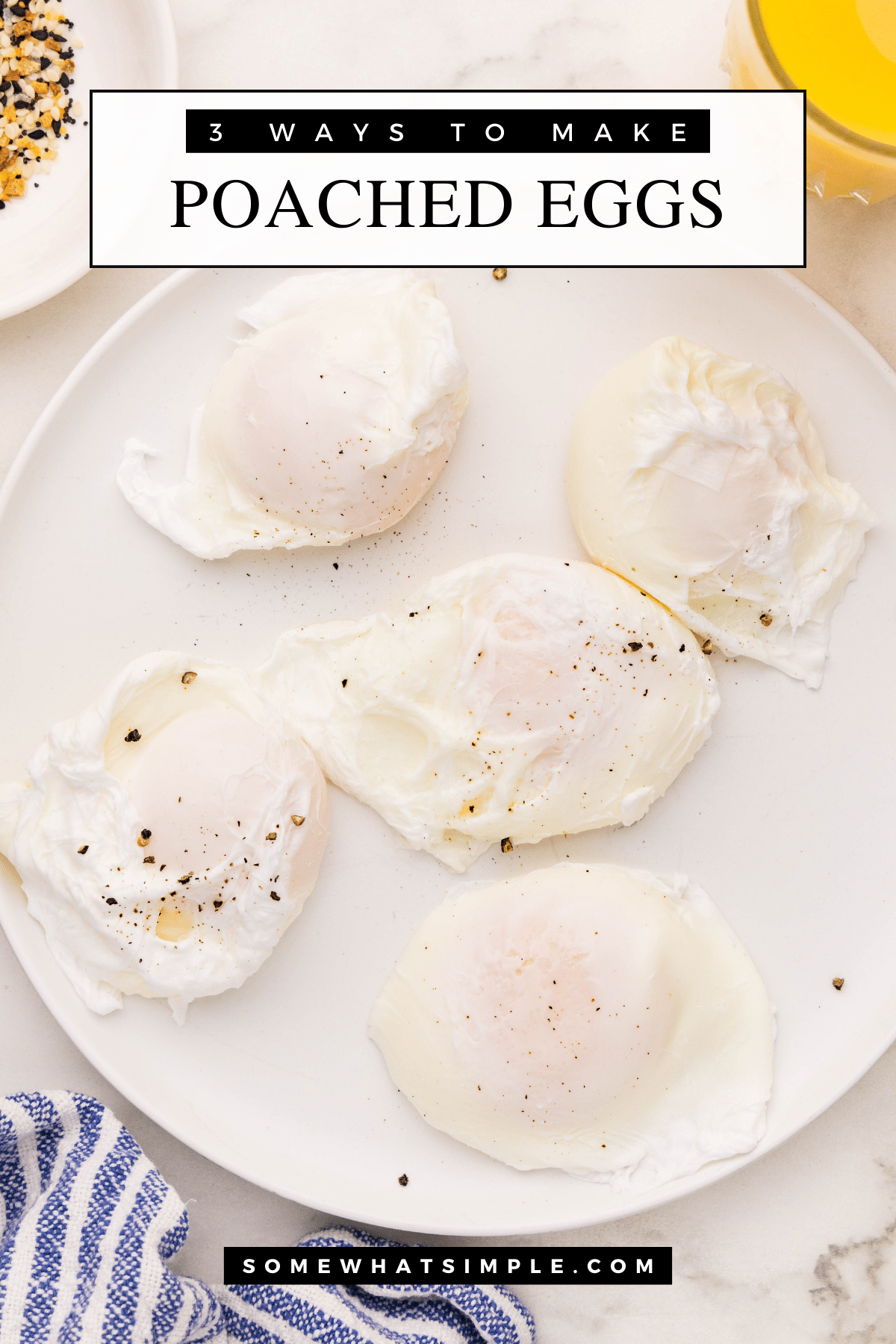 Learn how to make perfect poached eggs three easy ways—on the stovetop, in the microwave, and in the oven. Simple, healthy, and delicious every time! via @somewhatsimple