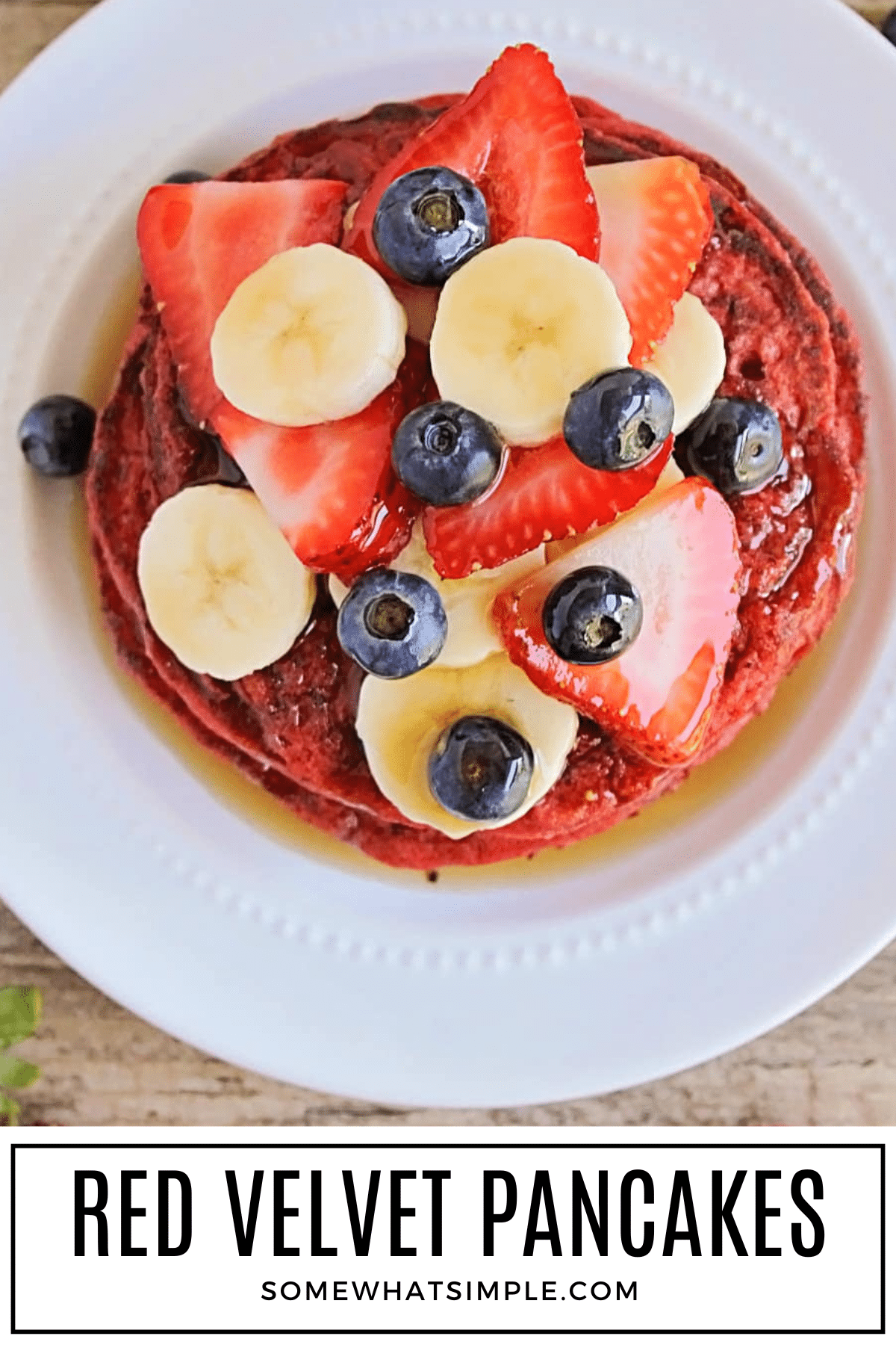Make these fluffy red velvet pancakes for birthdays, Valentine’s Day, or a show-stopping breakfast. So easy and delicious! via @somewhatsimple