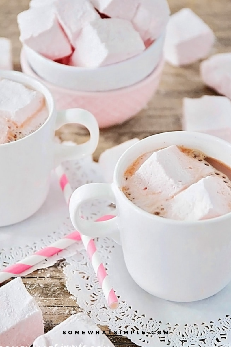 Strawberry Marshmallows in a cup of hot cocoa