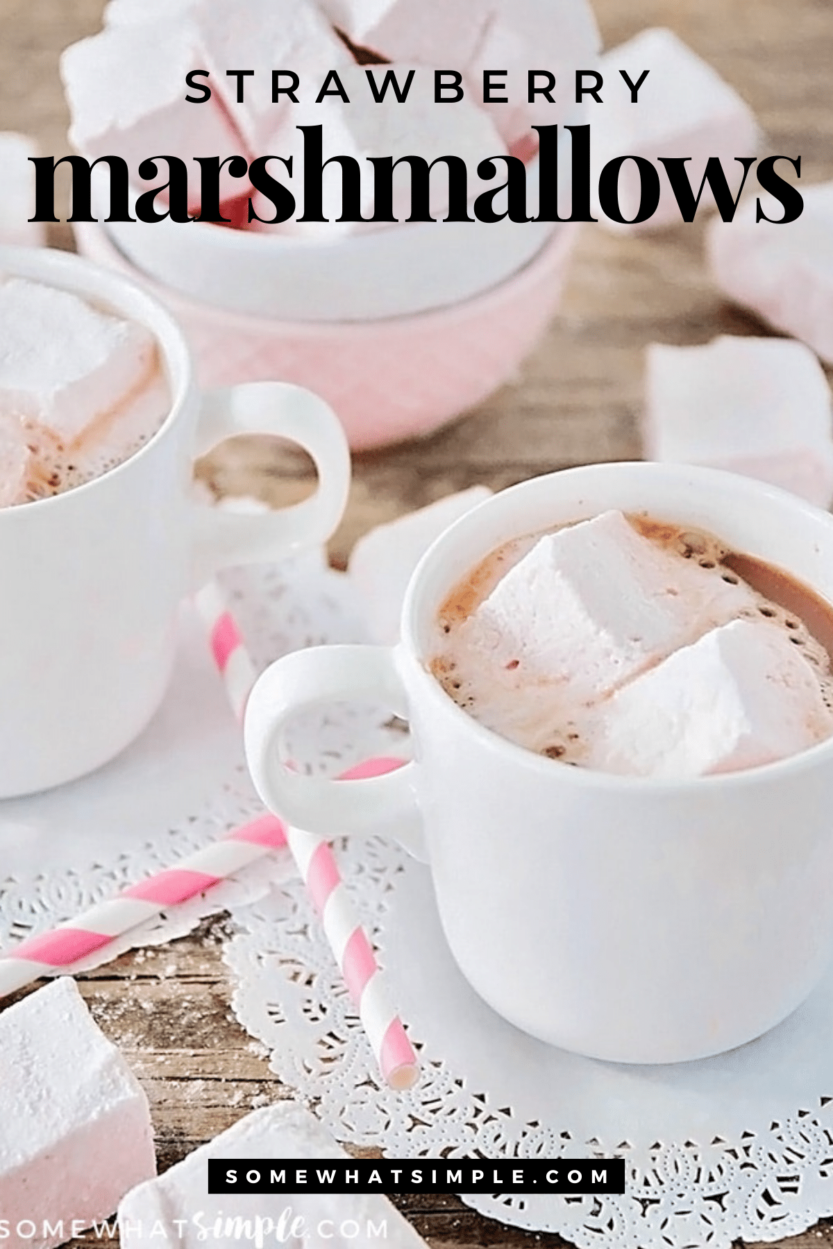 These gorgeous pink homemade strawberry marshmallows are surprisingly easy to make, and perfect for s'mores, hot chocolate, and Valentine treats! via @somewhatsimple