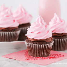 Chocolate Sweetheart Cupcakes with pink meringue cookies