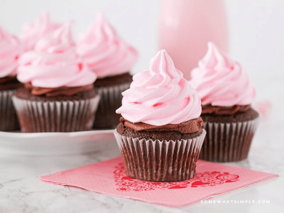 Chocolate Sweetheart Cupcakes with pink meringue cookies