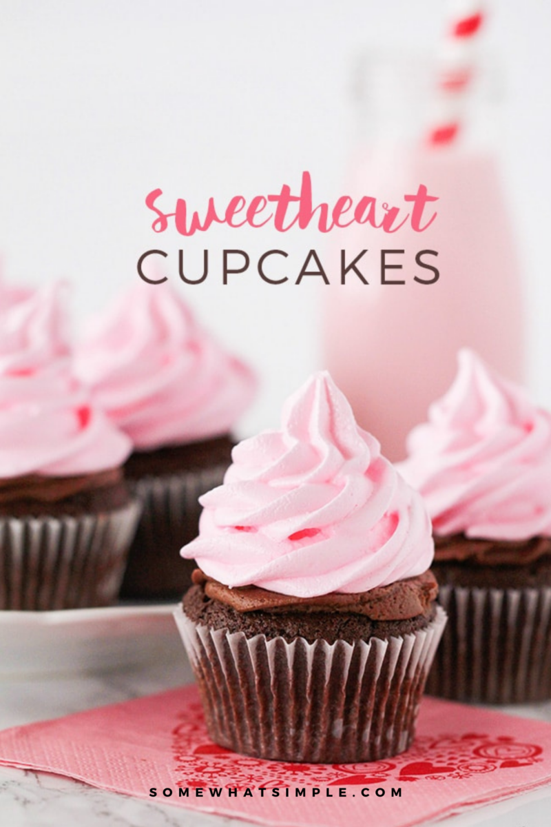 Sweetheart cupcakes with pink milk in the back