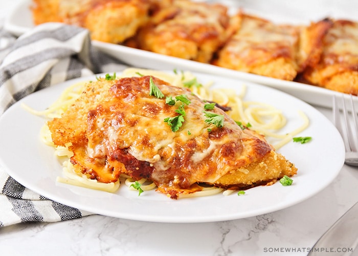 a piece of baked chicken parmesan on a white plate with a side of pasta and a tray of chicken parmesan in the background