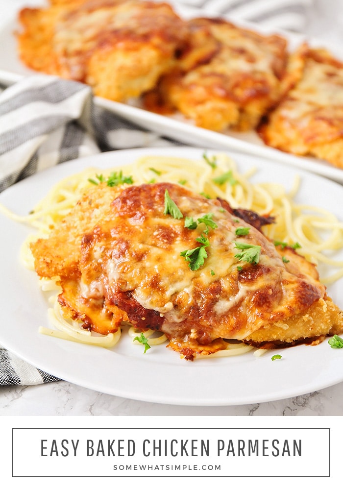 This easy baked chicken parmesan recipe is so simple it's ready to eat in about 30 minutes.  Made with tender chicken breasts and topped with melted cheese and a warm marinara sauce, this recipe is loaded with flavor and will quickly become one of your favorites! #chicken #chickenparm #chickenparmesan #easychickenparmesan #bakedchickenparmesan #bakedchickenparemesanrecipe via @somewhatsimple