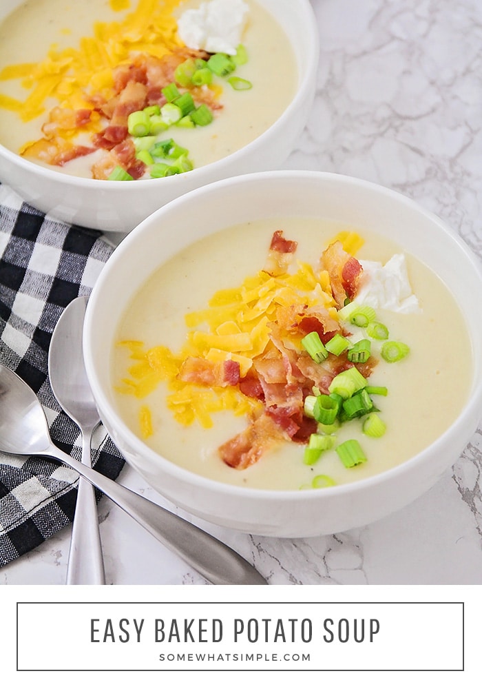 Baked potato soup is the ultimate bowl of comfort food! Loaded with hearty potatoes, bacon and cheese, this soup is irresistible! #bakedpotatosoup #potatosoup #easybakedpotatosouprecipe #loadedbakedpotatosoup #bakedpotatosouprecipe via @somewhatsimple