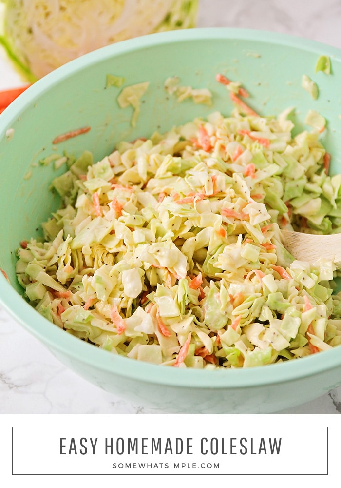 This flavorful homemade coleslaw is the perfect side dish for barbecues, potlucks, or as a fresh afternoon snack! Ready in just 5 minutes, this is the easiest coleslaw recipe you'll find. via @somewhatsimple