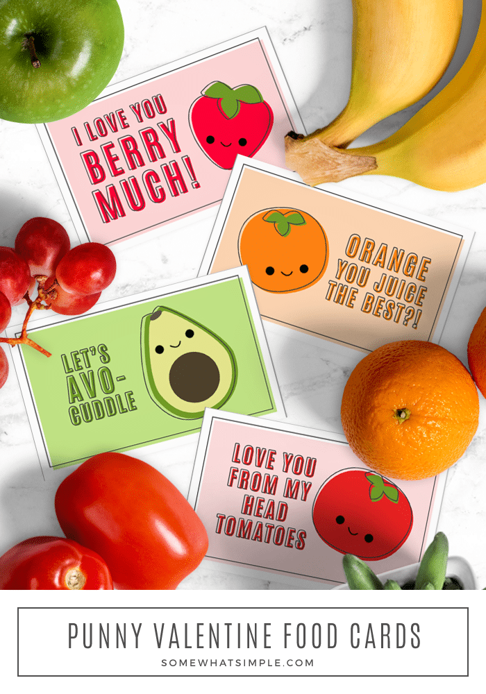 Valentine's Day (or any day of the week!) just got a whole lot cuter with these darling Fruit Pun Cards! #printable #cards #valentines #fruit #puns via @somewhatsimple