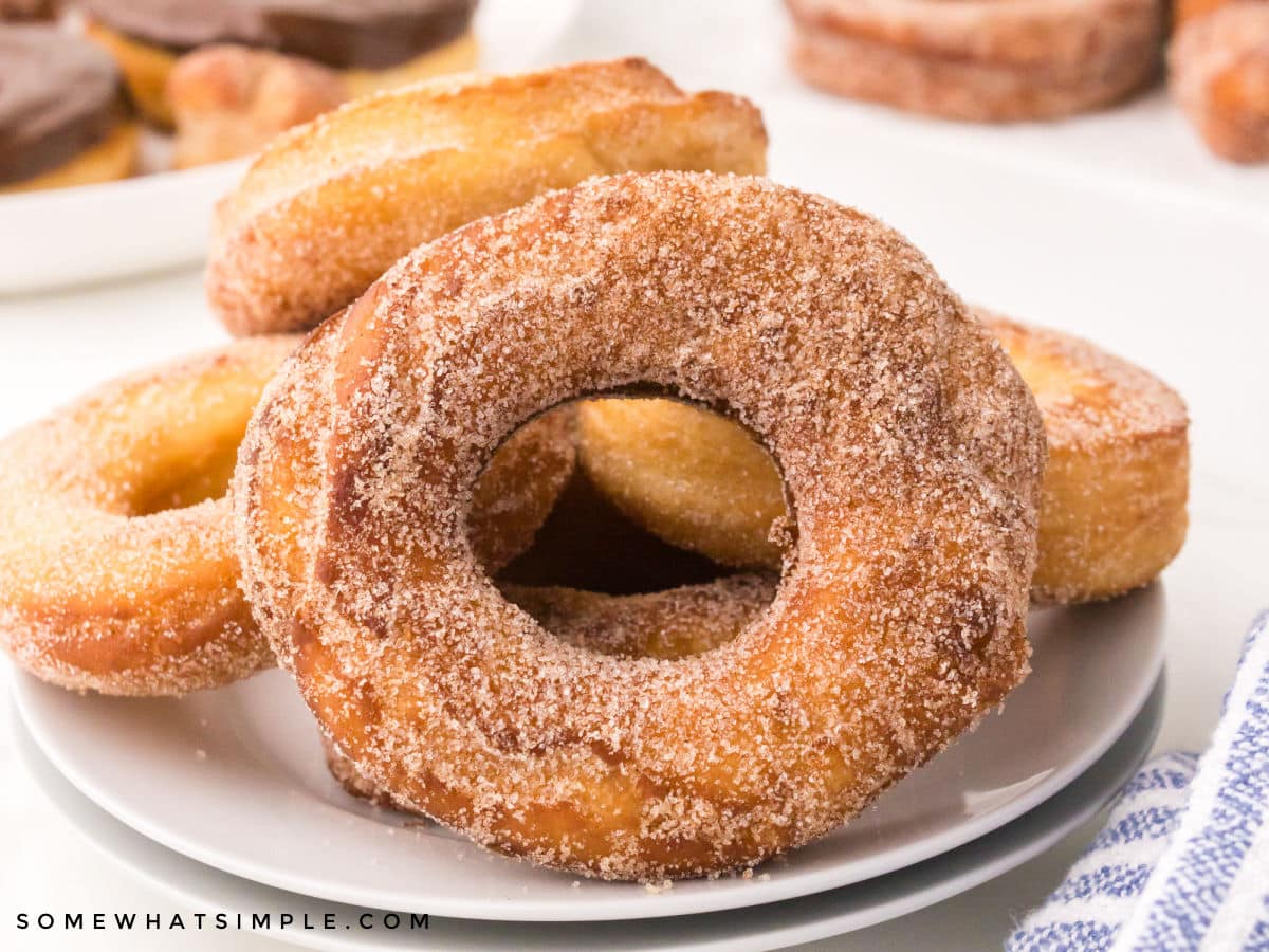 finished spudnuts with cinnamon sugar on a white plate