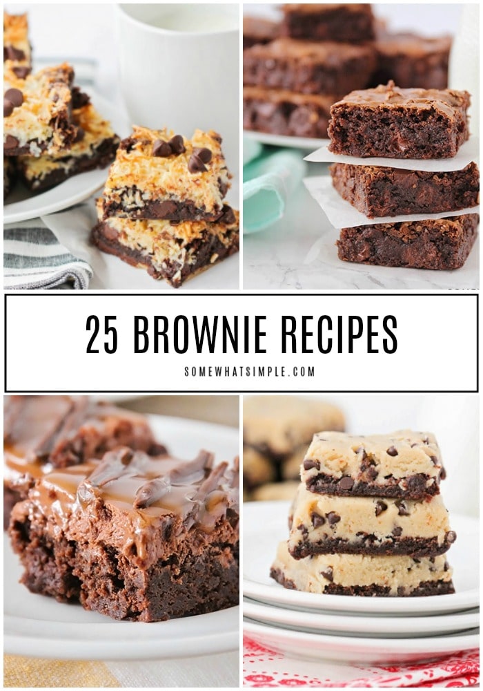 Homemade brownies are one of my favorite dessert recipes of all time!  They can be made with just delicious chocolate fudge or you can include a countless number of add-ins but either way they're amazing!  Now you can satisfy your chocolate cravings with 25 of the best brownie recipes on the internet! #brownies #brownierecipe #easybrownies #browniesfromscratch #bestbrownierecipes via @somewhatsimple