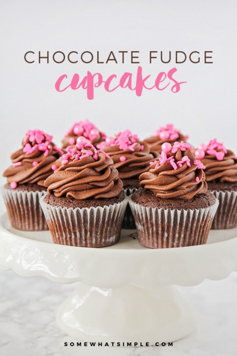 Chocolate fudge cupcakes plated on a white cake stand with a text overlay