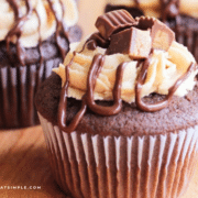 Chocolate Peanut Butter Cupcakes - finished on a butcher block counter