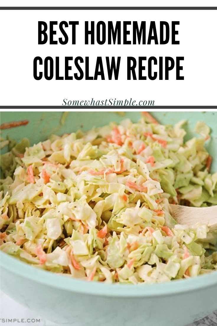 This flavorful homemade coleslaw is a delicious side dish or condiment! It's perfect for barbecues and potlucks, and adds great flavor! Made with a delicious homemade dressing, it's better than anything you could buy in the store. #easycoleslaw #besthomemadecoleslaw #coleslawrecipe #howtomakecoleslaw #coleslawdressing via @somewhatsimple