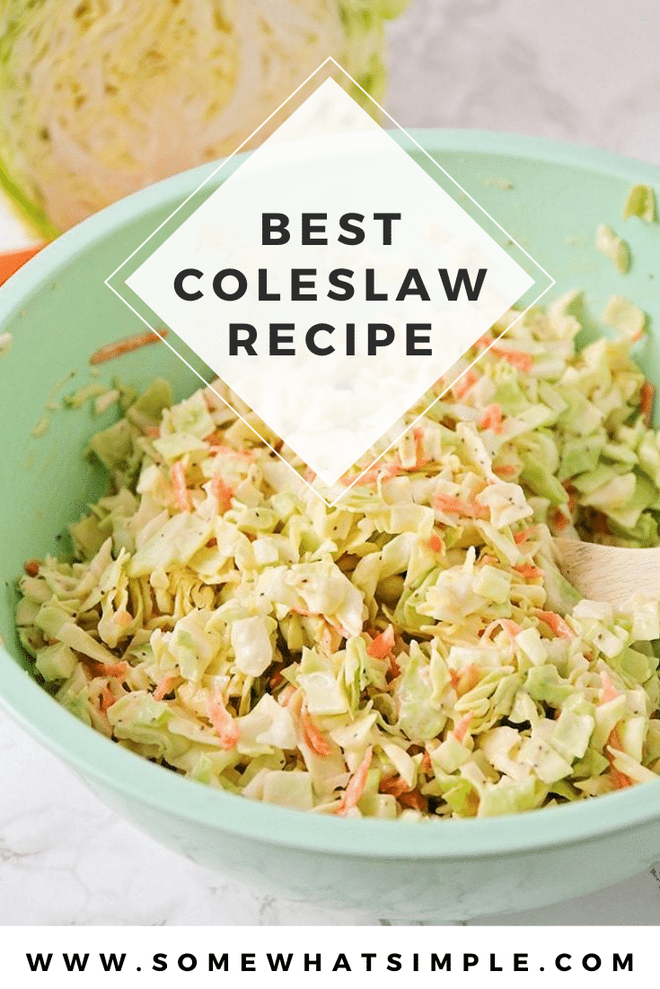 This flavorful homemade coleslaw is a delicious side dish or condiment! It's perfect for barbecues and potlucks, and adds great flavor! Made with a delicious homemade dressing, it's better than anything you could buy in the store. #easycoleslaw #besthomemadecoleslaw #coleslawrecipe #howtomakecoleslaw #coleslawdressing via @somewhatsimple