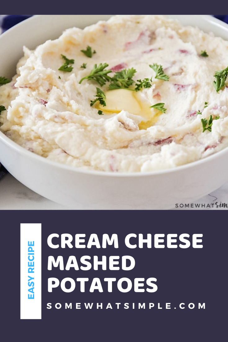 These cream cheese mashed potatoes are so delicious you'll never make them any other way again.  Loaded with a three cheese blend and a tasty blend of herbs and seasoning, these mashed potatoes are the perfect compliment to any dinner recipe. via @somewhatsimple