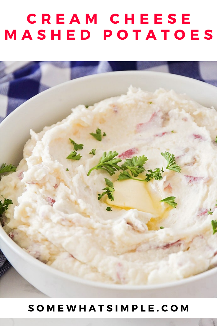 These cream cheese mashed potatoes are so delicious you'll never make them any other way again.  Loaded with a three cheese blend and a tasty blend of herbs and seasoning, these mashed potatoes are the perfect compliment to any dinner recipe. via @somewhatsimple