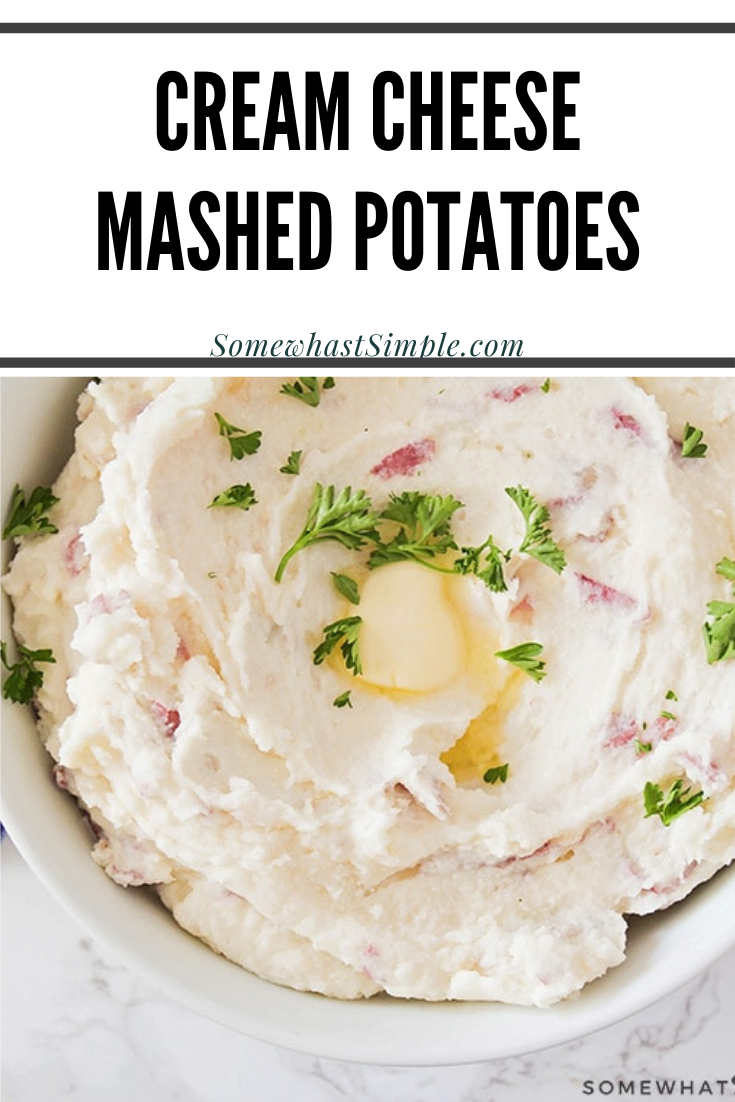 These cream cheese mashed potatoes are so delicious you'll never make them any other way again.  Loaded with a three cheese blend and a tasty blend of herbs and seasoning, these mashed potatoes are the perfect compliment to any dinner recipe. via @somewhatsimple