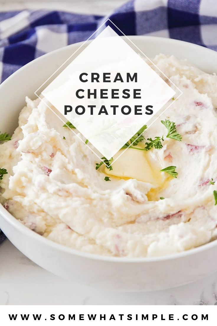 These cream cheese mashed potatoes are so delicious you'll never make them any other way again.  Loaded with a three cheese blend and a tasty blend of herbs and seasoning, these mashed potatoes are the perfect compliment to any dinner recipe. via @somewhatsimple