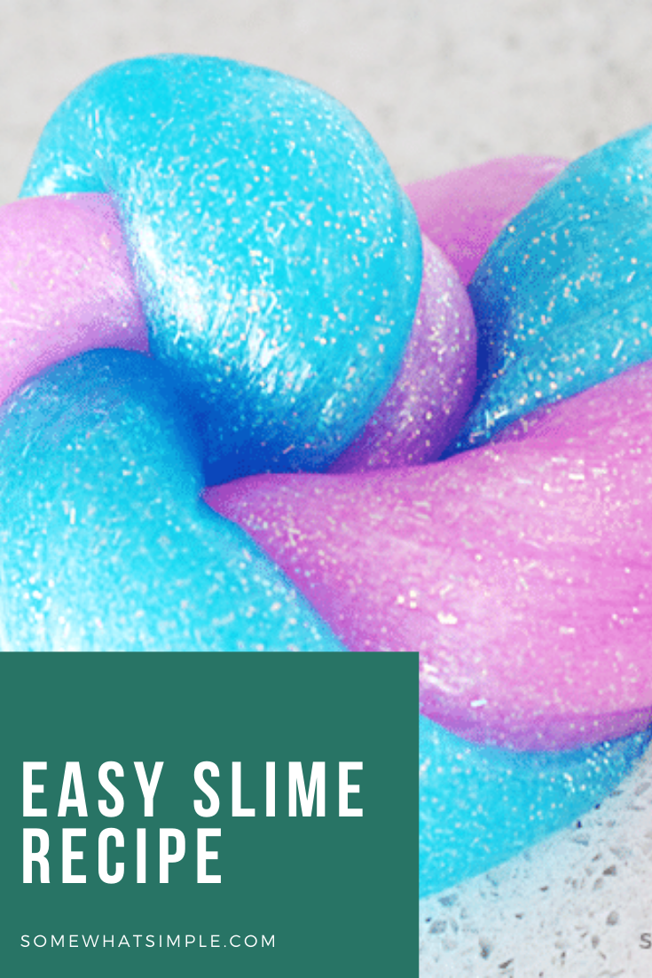 Three ingredients, no cleaning chemicals, and no food coloring! Here is how to make slime that is safe for kids and a ton of fun!!! #slime #slimerecipe #easyslimerecipe #slimevideo #howtomakeslime #glitterslime via @somewhatsimple