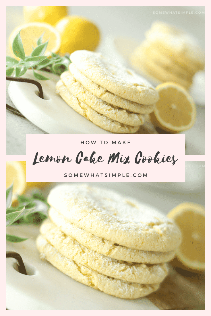 Lemon cake mix cookies are soft and chewy and only take 3 ingredients to make!  Not only do they taste amazing but they are simple to make. #cakemixcookies #lemoncakemixcookies #lemoncakemixcookieswithcoolwhip #duncanhineslemoncakemixcookies #3ingredientlemoncakemixcookies via @somewhatsimple