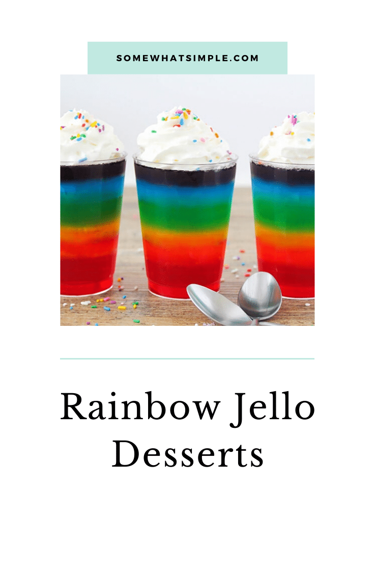 These layered rainbow jello cups are fun to make and even more fun to eat! They're a delicious after-school snack, and they'll make the perfect addition to your St. Patrick's Day celebrations! via @somewhatsimple