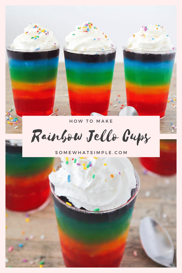 These layered rainbow jello cups are fun to make and even more fun to eat! They're a delicious after-school snack, and they'll make the perfect addition to your St. Patrick's Day celebrations! via @somewhatsimple