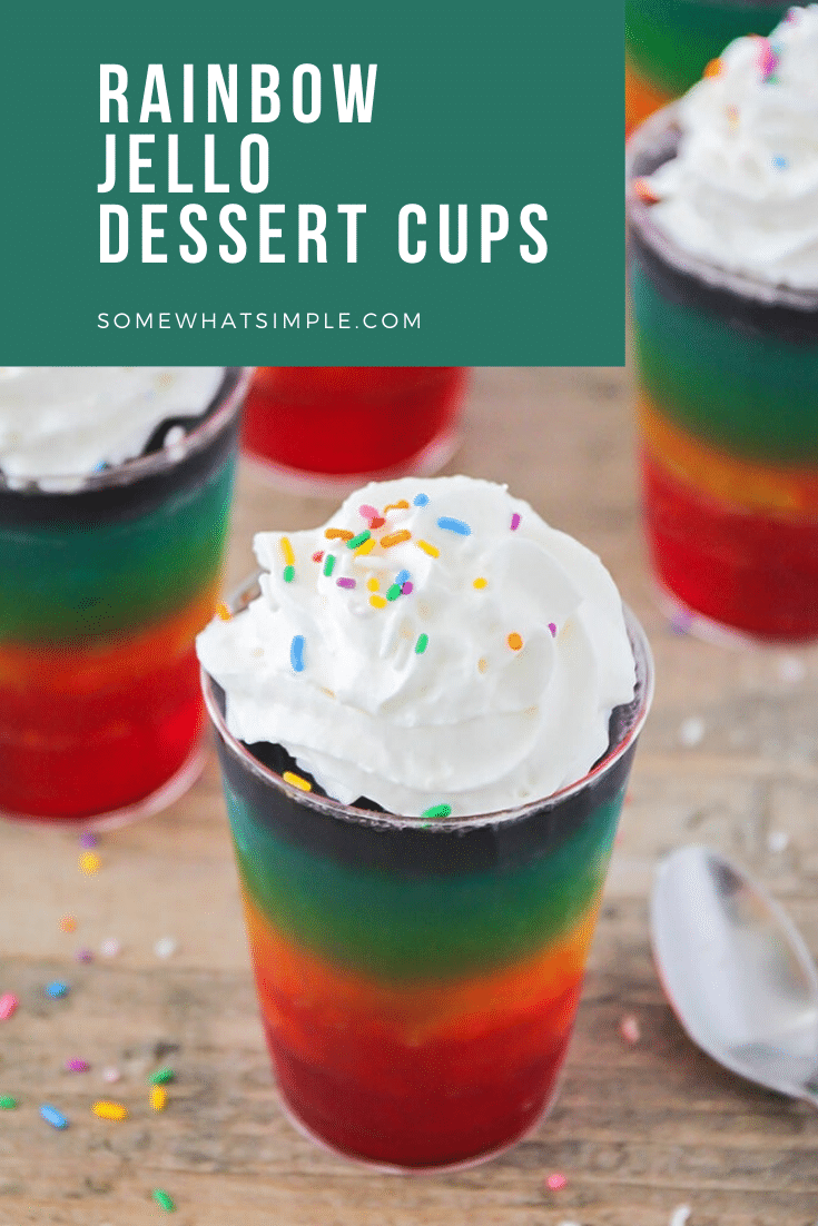 These layered rainbow jello cups are fun to make and even more fun to eat! They're a delicious after-school snack, and they'll make the perfect addition to your St. Patrick's Day celebrations! via @somewhatsimple