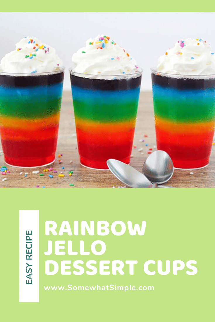 These layered rainbow jello cups are fun to make and even more fun to eat! They're a delicious after-school snack, and they'll make the perfect addition to your St. Patrick's Day celebrations! via @somewhatsimple
