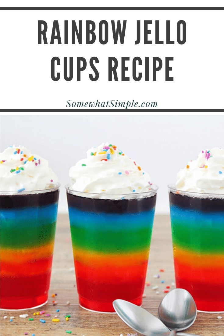 These layered rainbow jello cups are fun to make and even more fun to eat! They're a delicious after-school snack, and they'll make the perfect addition to your St. Patrick's Day celebrations! via @somewhatsimple